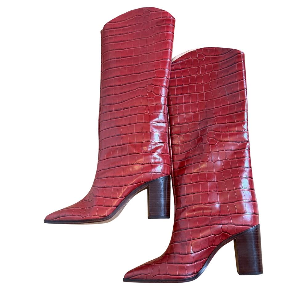 NWOT Women's Schutz Maryana Block Leather Wide Red-Brown Croc Embossed Boot 8.5